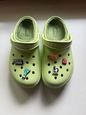 Lime green fluffy crocs
